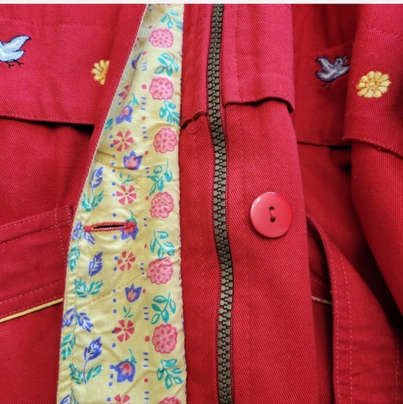 Casey Coleman Embroidered Collared Denim Jacket Red Size M / L Flowers Gardening - Picture 6 of 12